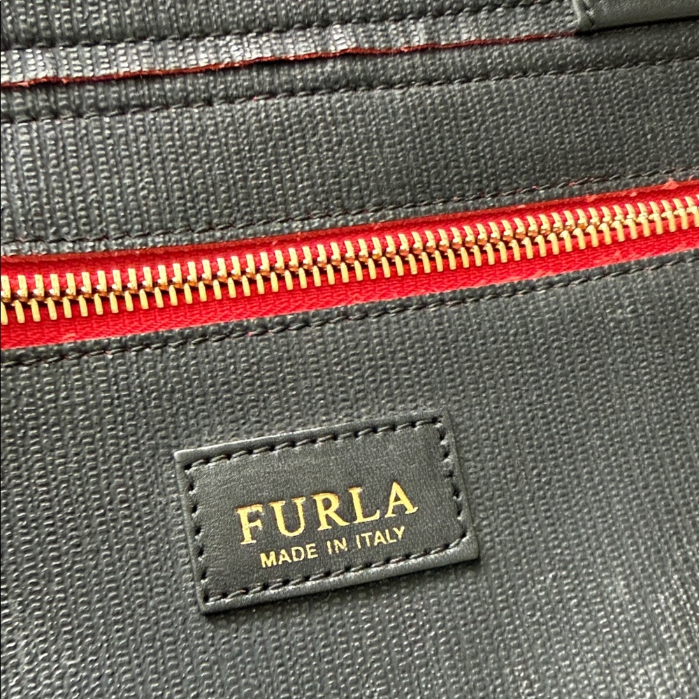 Furla Red Suede Tote with Black Leather Pocket - Picture 2 of 12